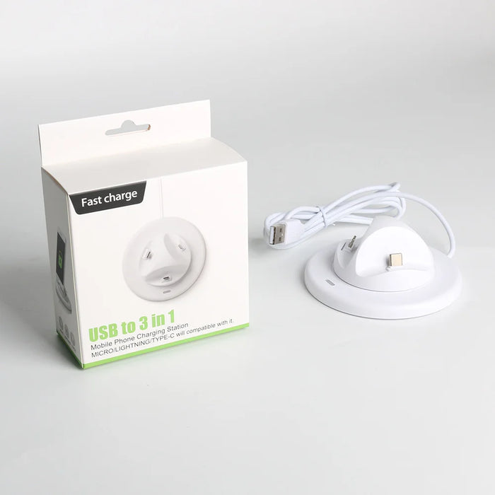 UV-01 USB to Type-C/Micro/iP 3 in 1 Charging Dock for Smartphone Holder Stand 360 Degree Rotatable Charger Base - White - 7