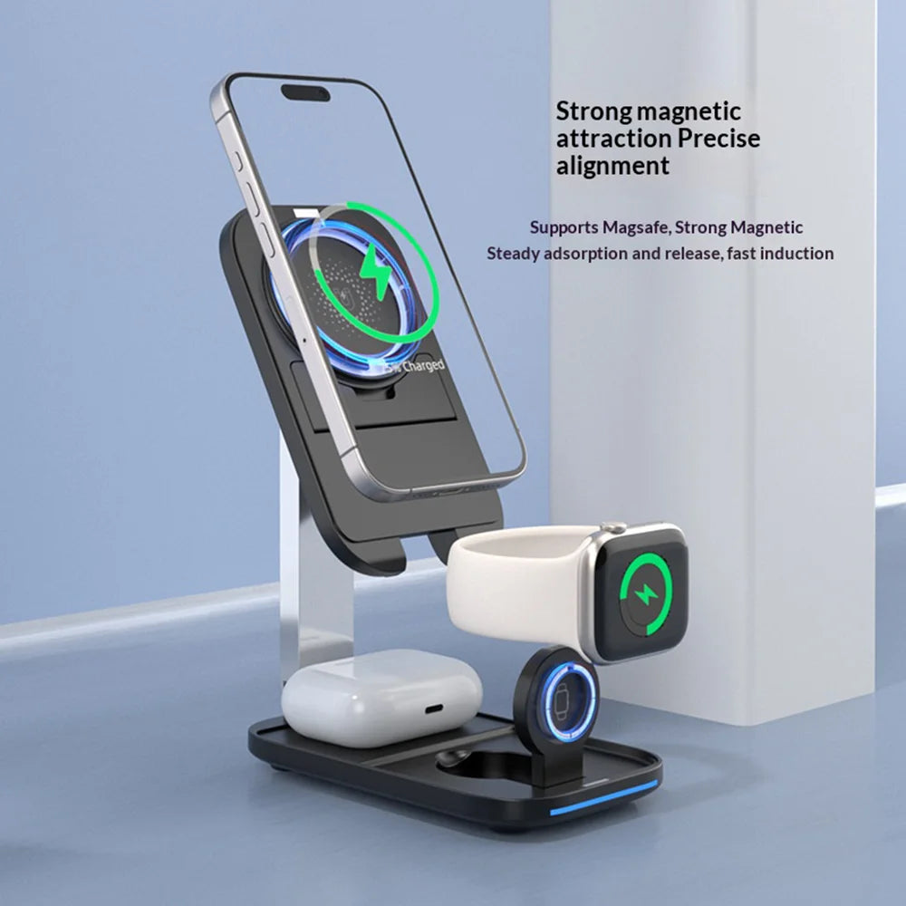 3 in 1 Wireless Charging Station Foldable Stand for iPhone / Apple Watch / AirPods 15W Magnetic Fast Charger - Black - 3
