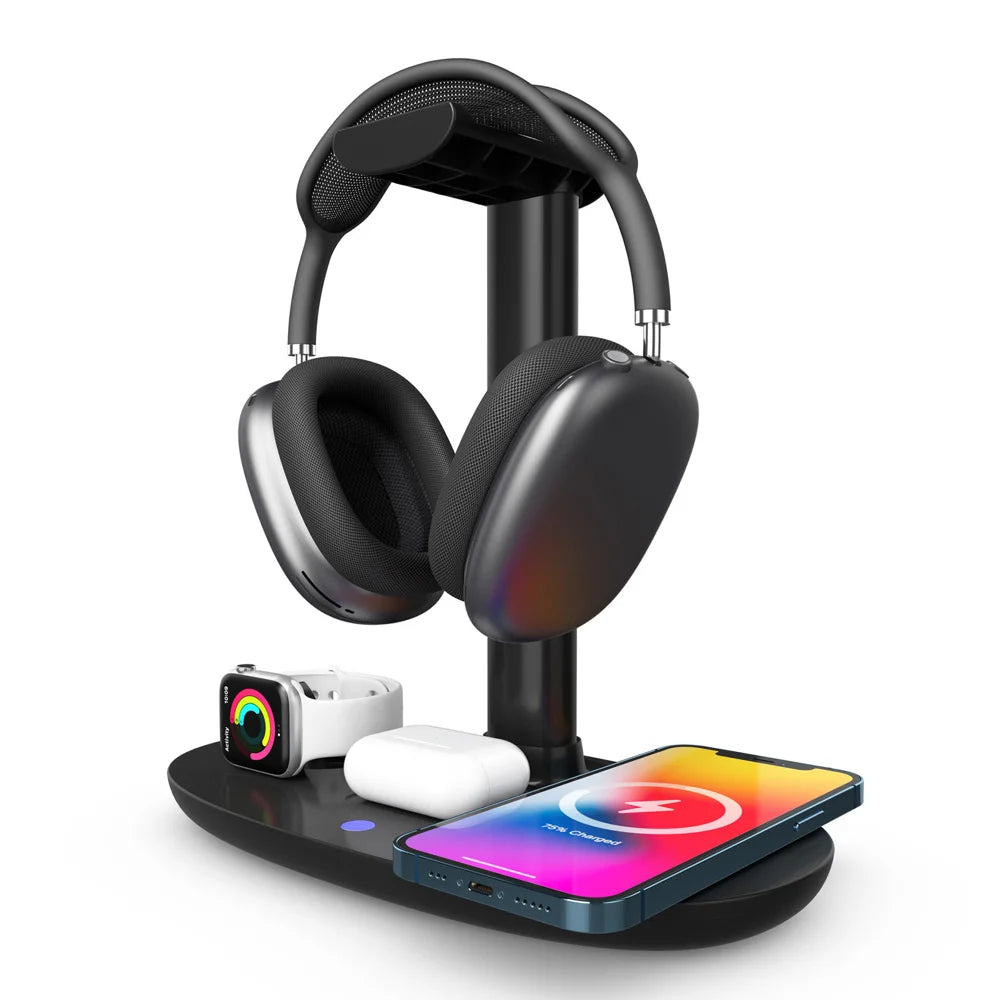 B-15A For AirPods Max Headset Holder Stand 3  in 1 15W Wireless Charging Dock for Phone / Smart Watch / Earbuds - White - 4