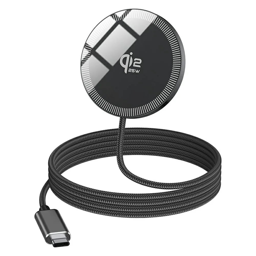 Q12 Portable 25W Fast Charging Pad Compatible with MagSafe Type-C Qi2 Magnetic Wireless Charger - Black - 1