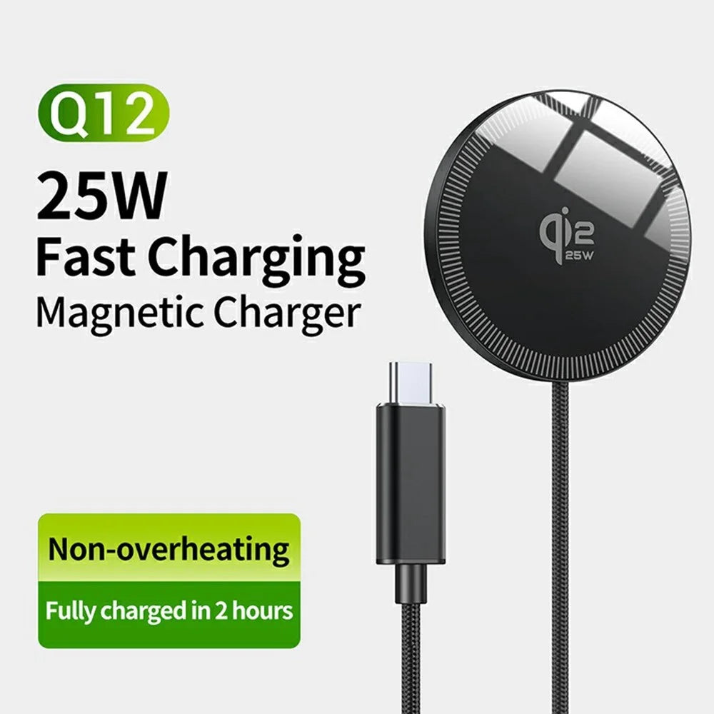 Q12 Portable 25W Fast Charging Pad Compatible with MagSafe Type-C Qi2 Magnetic Wireless Charger - Black - 2