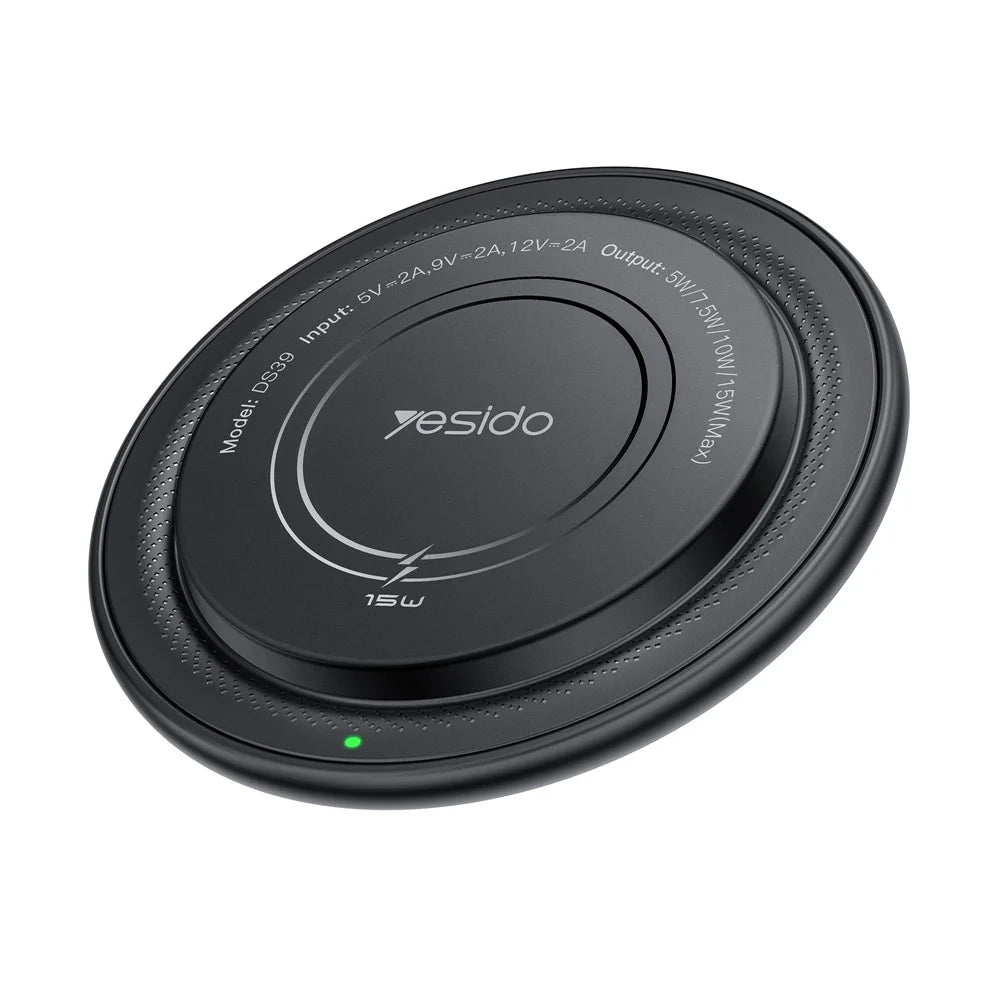 YESIDO DS39 15W Magnetic Wireless Charger Round Desktop Fast Charging Pad for Smartphone Earbuds - Black - 1