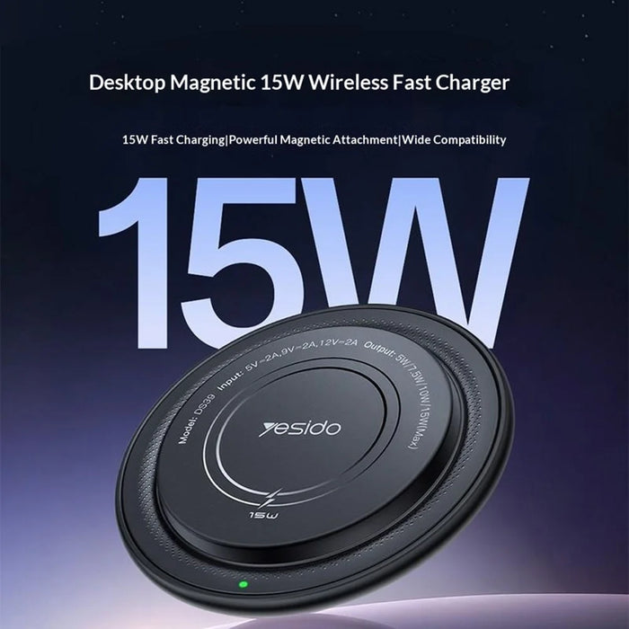 YESIDO DS39 15W Magnetic Wireless Charger Round Desktop Fast Charging Pad for Smartphone Earbuds - Black - 2