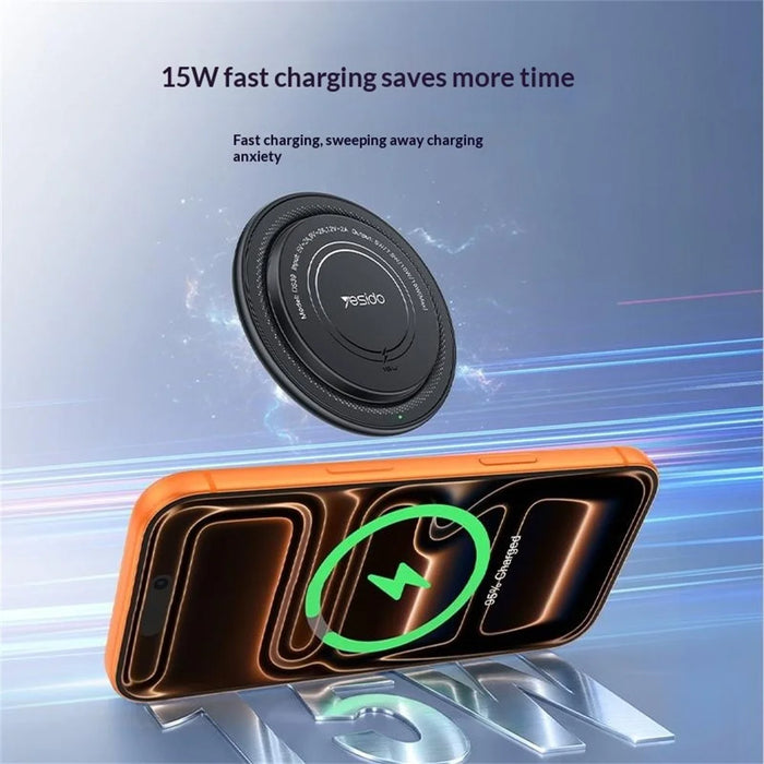 YESIDO DS39 15W Magnetic Wireless Charger Round Desktop Fast Charging Pad for Smartphone Earbuds - Black - 3