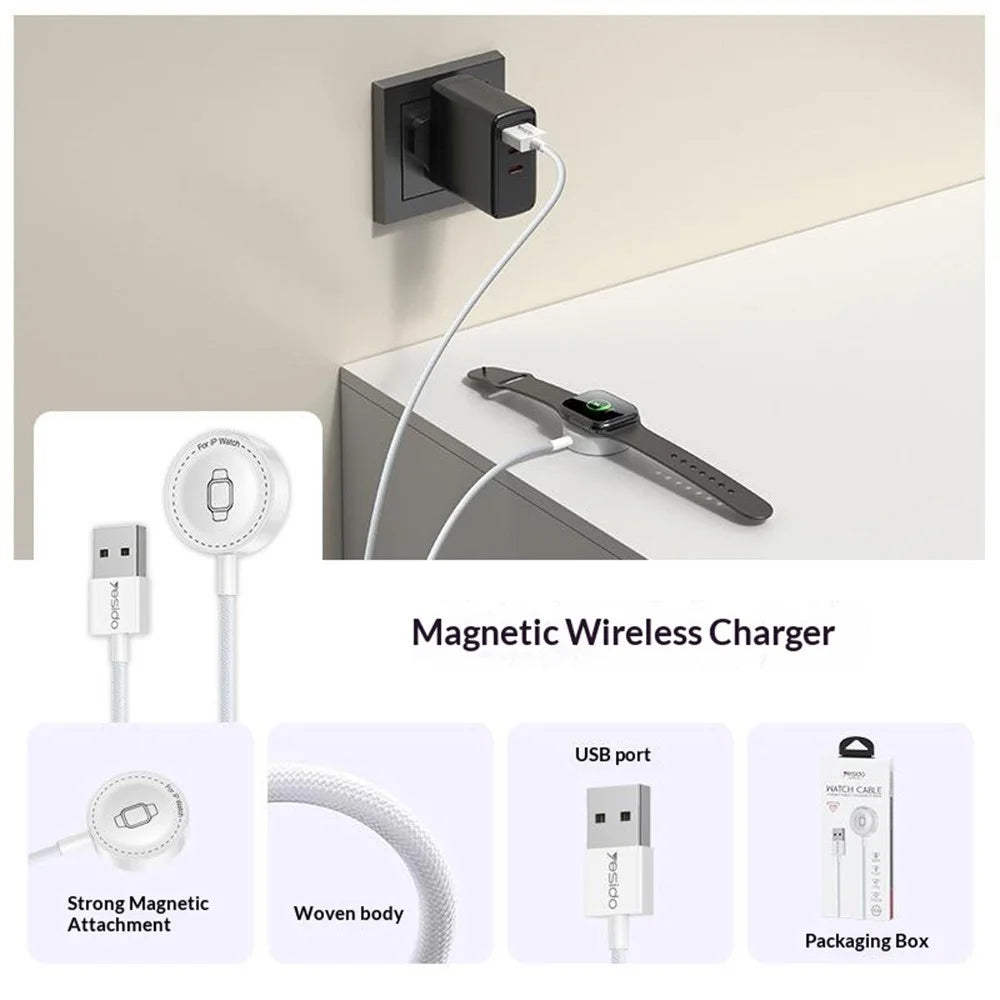 YESIDO DS33 1m 2.5W Fast Charging USB-A Cable for Apple Watch Magnetic Wireless Charger - White - 3