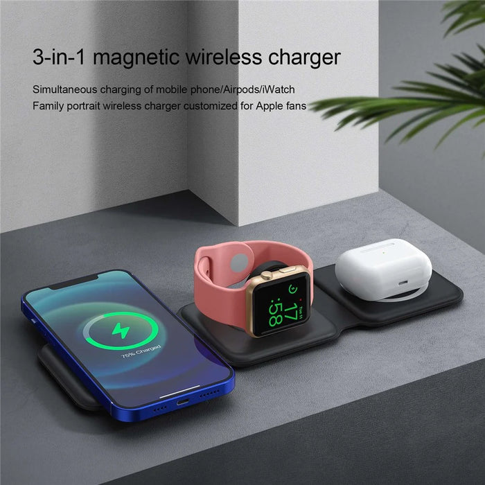 WC-07W 3 in 1 Magnetic Wireless Charger Foldable Charging Dock with Indicator Light - Black - 5