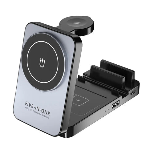 5 in 1 Wireless Charger Station Foldable 15W Fast Charging Stand for Phone/Smart Watch/Earbuds - Grey+Black - 1
