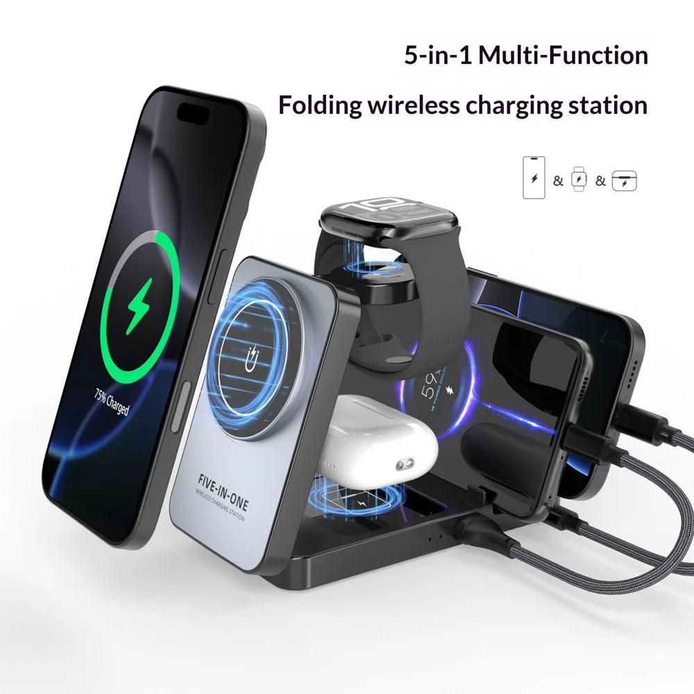 5 in 1 Wireless Charger Station Foldable 15W Fast Charging Stand for Phone/Smart Watch/Earbuds - Grey+Black - 2