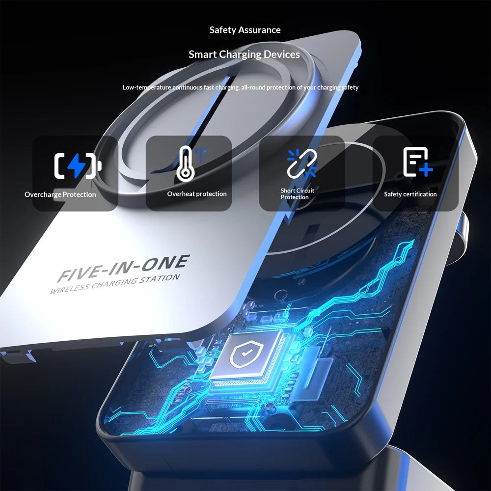 5 in 1 Wireless Charger Station Foldable 15W Fast Charging Stand for Phone/Smart Watch/Earbuds - Grey+Black - 6