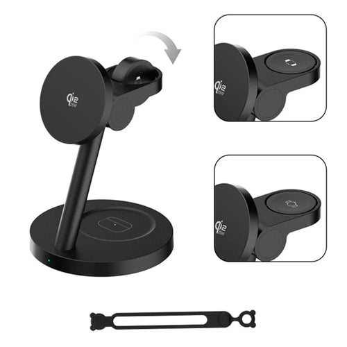 3 in 1 Qi2.2 Wireless Charger 25W Magnetic Stand for iPhone Samsung Phone Watch Earbuds - Black - 1