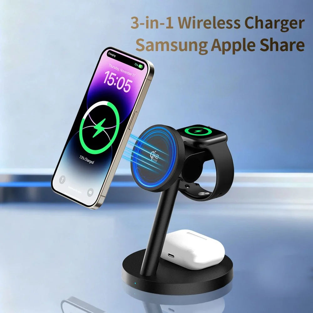 3 in 1 Qi2.2 Wireless Charger 25W Magnetic Stand for iPhone Samsung Phone Watch Earbuds - Black - 2