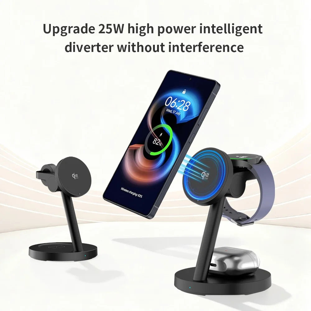 3 in 1 Qi2.2 Wireless Charger 25W Magnetic Stand for iPhone Samsung Phone Watch Earbuds - Black - 3