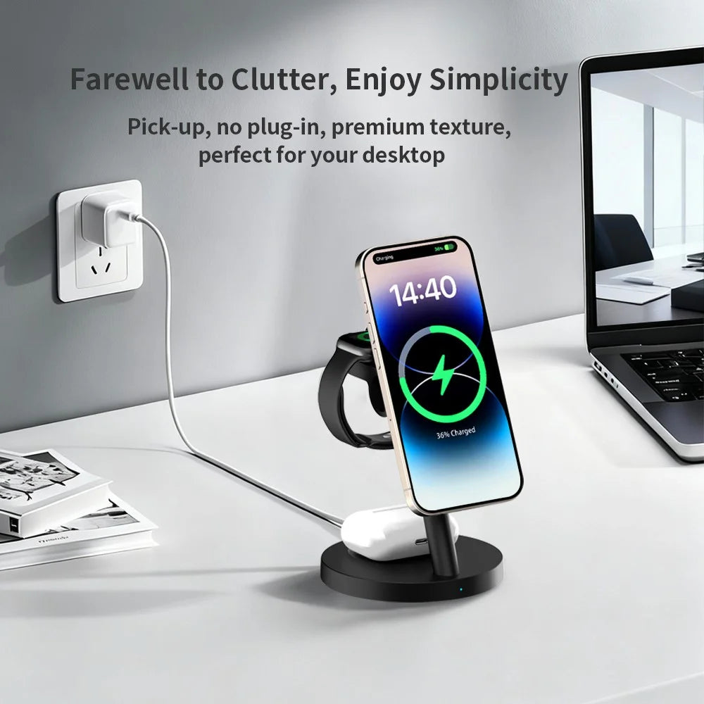 3 in 1 Qi2.2 Wireless Charger 25W Magnetic Stand for iPhone Samsung Phone Watch Earbuds - Black - 4