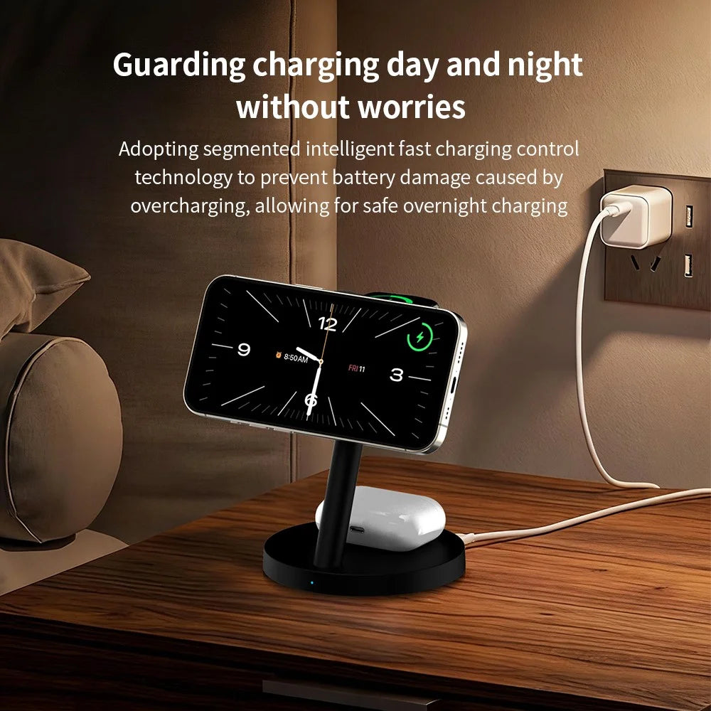 3 in 1 Qi2.2 Wireless Charger 25W Magnetic Stand for iPhone Samsung Phone Watch Earbuds - Black - 5