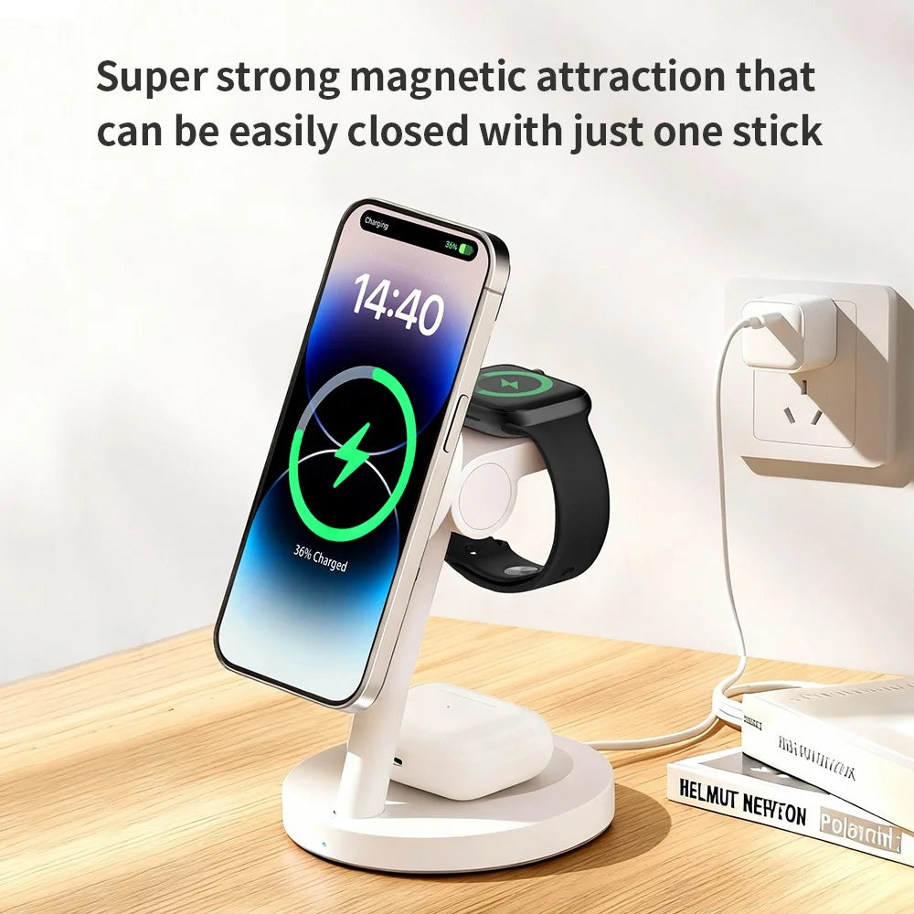 3 in 1 Qi2.2 Wireless Charger 25W Magnetic Stand for iPhone Samsung Phone Watch Earbuds - Black - 6
