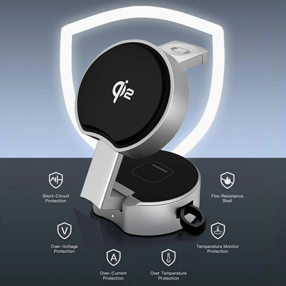 B30 3 In 1 Foldable Magnetic Wireless Charger with 80cm Retractable Cable Qi2 15W Fast Charging Dock for Phone Watch Earbuds - Silver+Black - 4