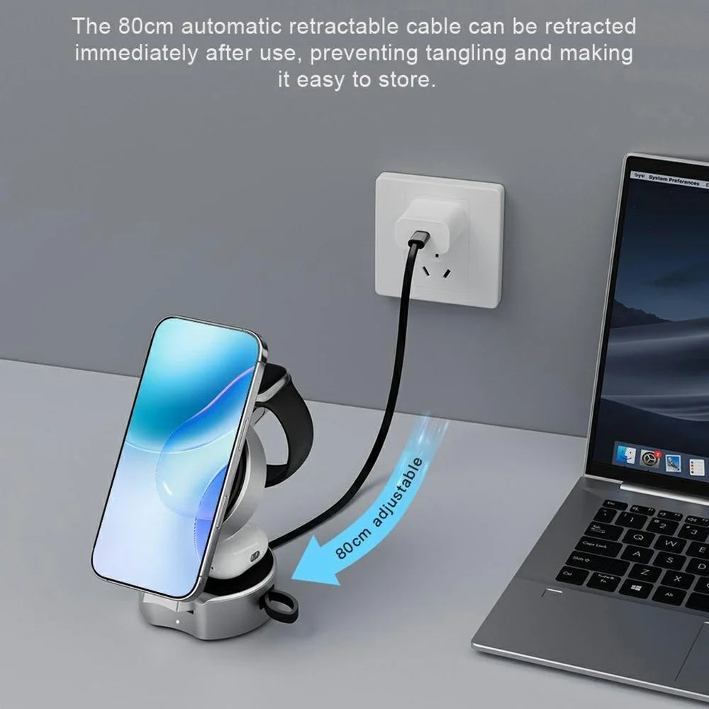 B30 3 In 1 Foldable Magnetic Wireless Charger with 80cm Retractable Cable Qi2 15W Fast Charging Dock for Phone Watch Earbuds - Silver+Black - 6