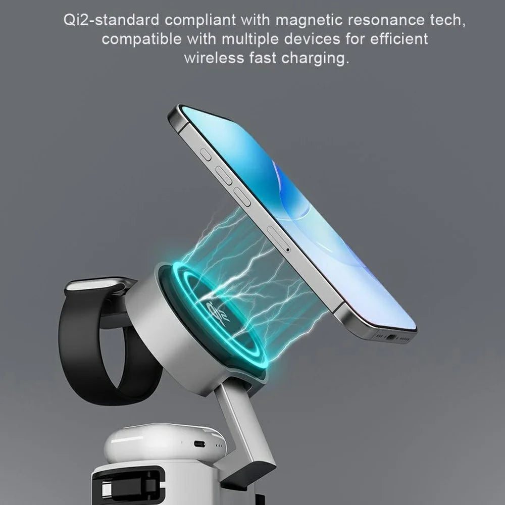 B30 3 In 1 Foldable Magnetic Wireless Charger with 80cm Retractable Cable Qi2 15W Fast Charging Dock for Phone Watch Earbuds - Silver+Black - 7
