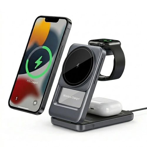 S29 3 in 1 Magnetic Wireless Charger with Ambient Light 15W Fast Charging Stand for Phone Watch Earbuds Foldable Charging Dock - Grey - 1