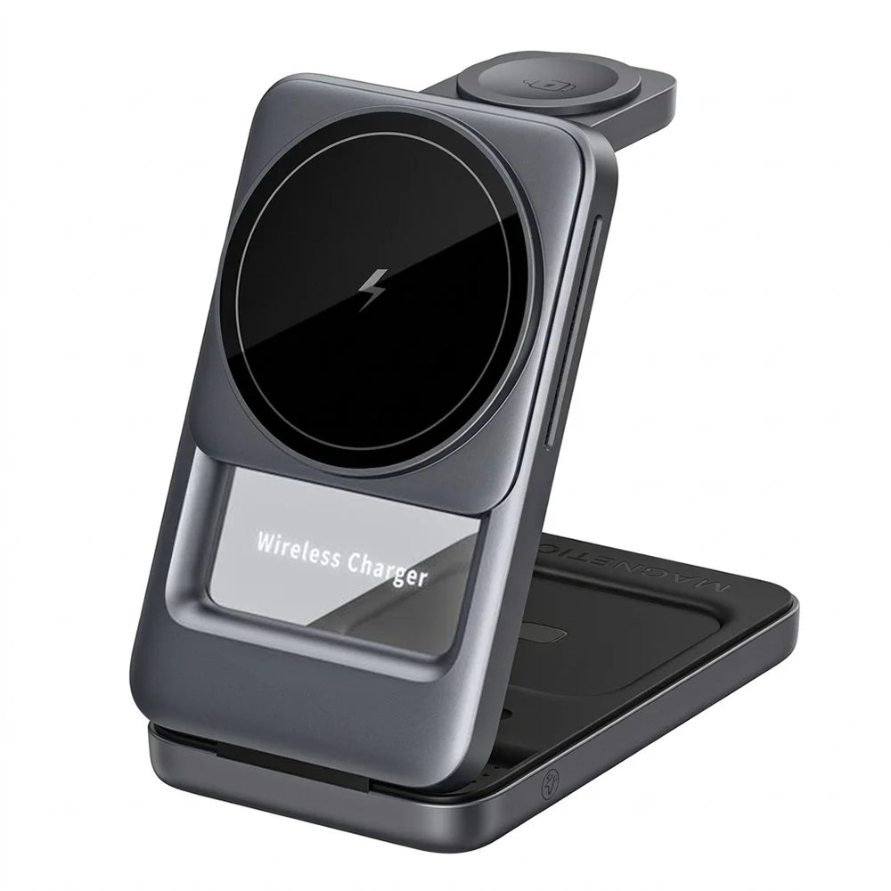 S29 3 in 1 Magnetic Wireless Charger with Ambient Light 15W Fast Charging Stand for Phone Watch Earbuds Foldable Charging Dock - Grey - 2