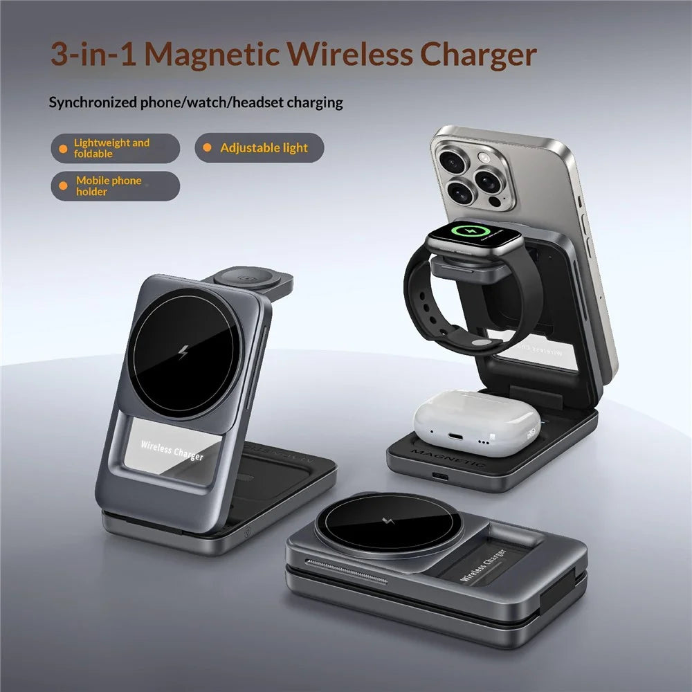 S29 3 in 1 Magnetic Wireless Charger with Ambient Light 15W Fast Charging Stand for Phone Watch Earbuds Foldable Charging Dock - Grey - 3