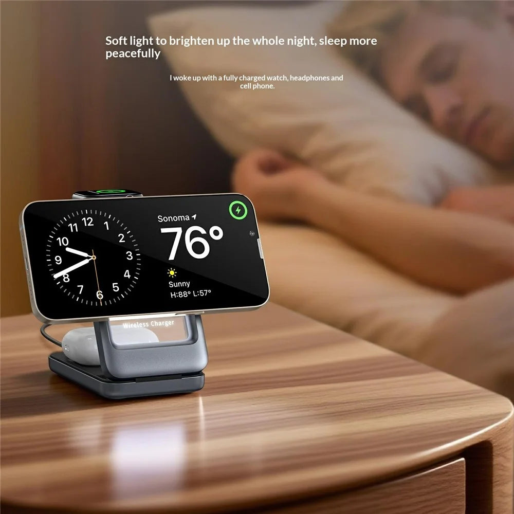 S29 3 in 1 Magnetic Wireless Charger with Ambient Light 15W Fast Charging Stand for Phone Watch Earbuds Foldable Charging Dock - Grey - 4