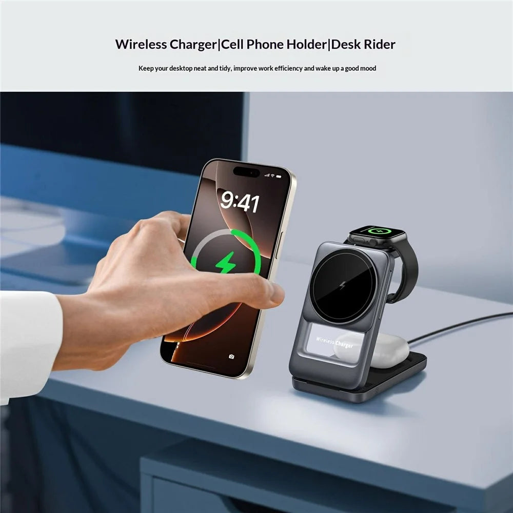S29 3 in 1 Magnetic Wireless Charger with Ambient Light 15W Fast Charging Stand for Phone Watch Earbuds Foldable Charging Dock - Grey - 5