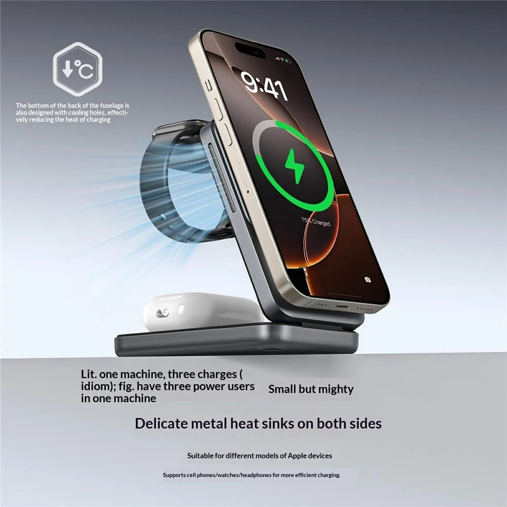 S29 3 in 1 Magnetic Wireless Charger with Ambient Light 15W Fast Charging Stand for Phone Watch Earbuds Foldable Charging Dock - Grey - 6