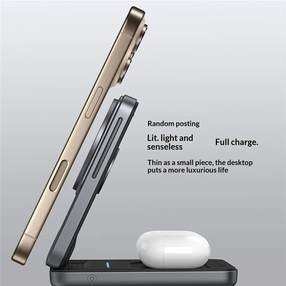 S29 3 in 1 Magnetic Wireless Charger with Ambient Light 15W Fast Charging Stand for Phone Watch Earbuds Foldable Charging Dock - Grey - 7