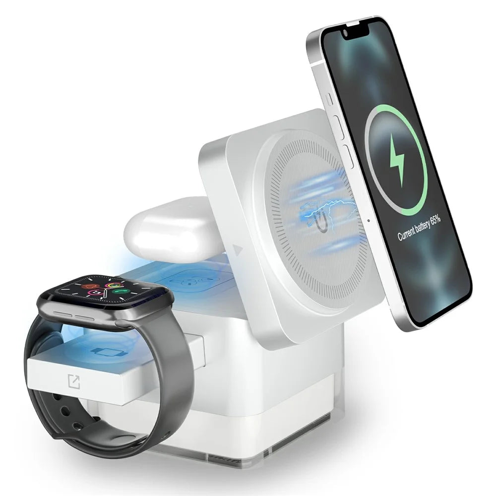 S6 3 in 1 Magnetic Wireless Charging Station Foldable Dock with RGB Light for iPhone Apple Watch AirPods - White - 1