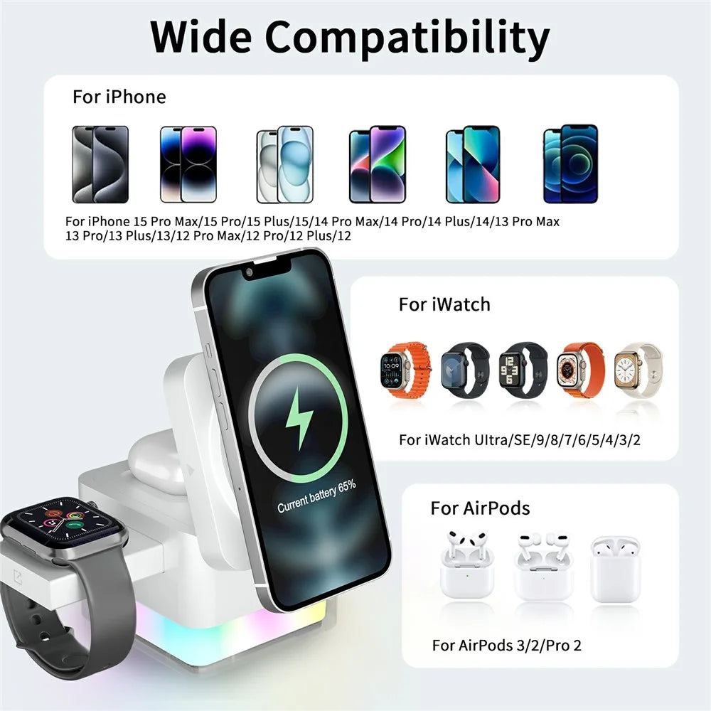 S6 3 in 1 Magnetic Wireless Charging Station Foldable Dock with RGB Light for iPhone Apple Watch AirPods - White - 2