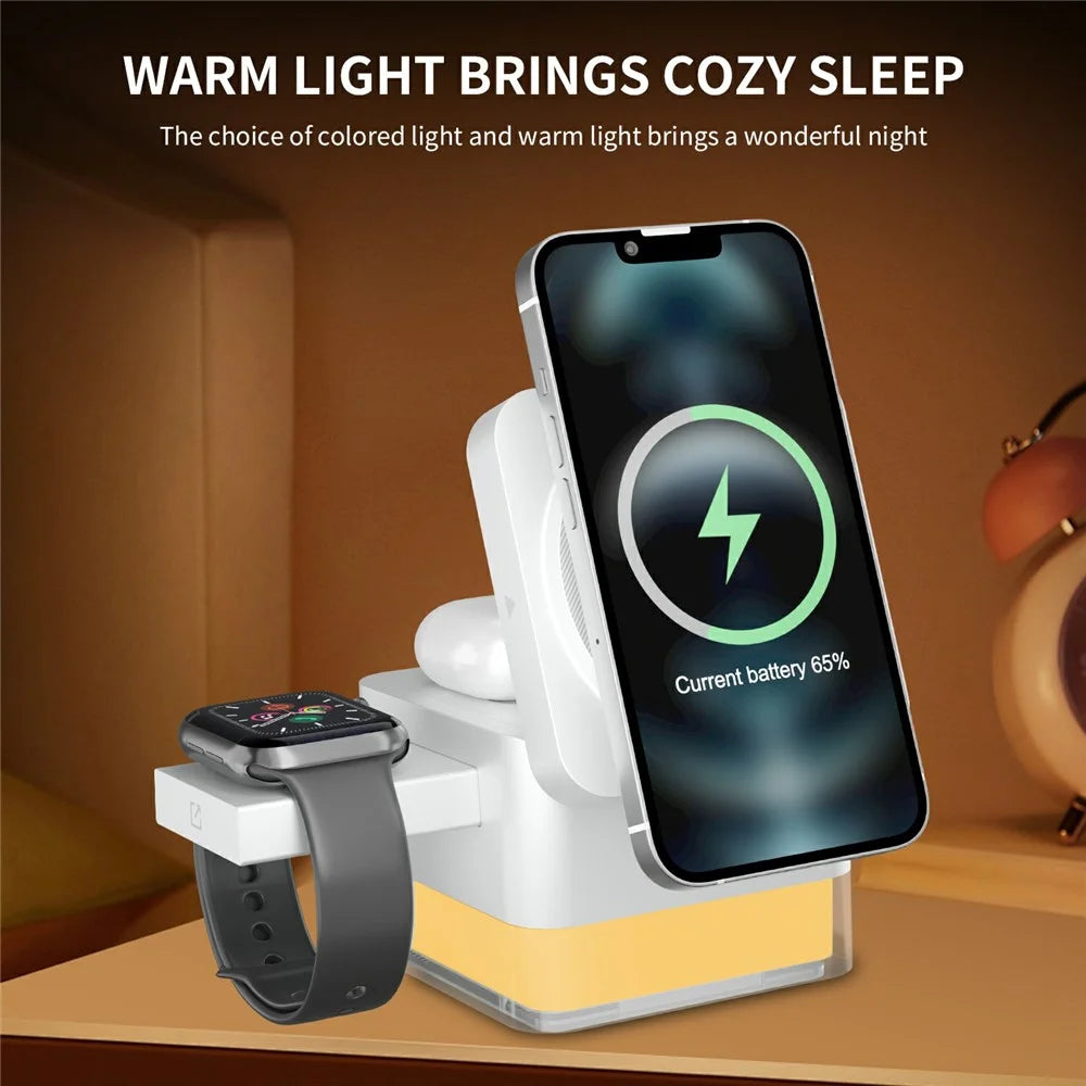 S6 3 in 1 Magnetic Wireless Charging Station Foldable Dock with RGB Light for iPhone Apple Watch AirPods - White - 3
