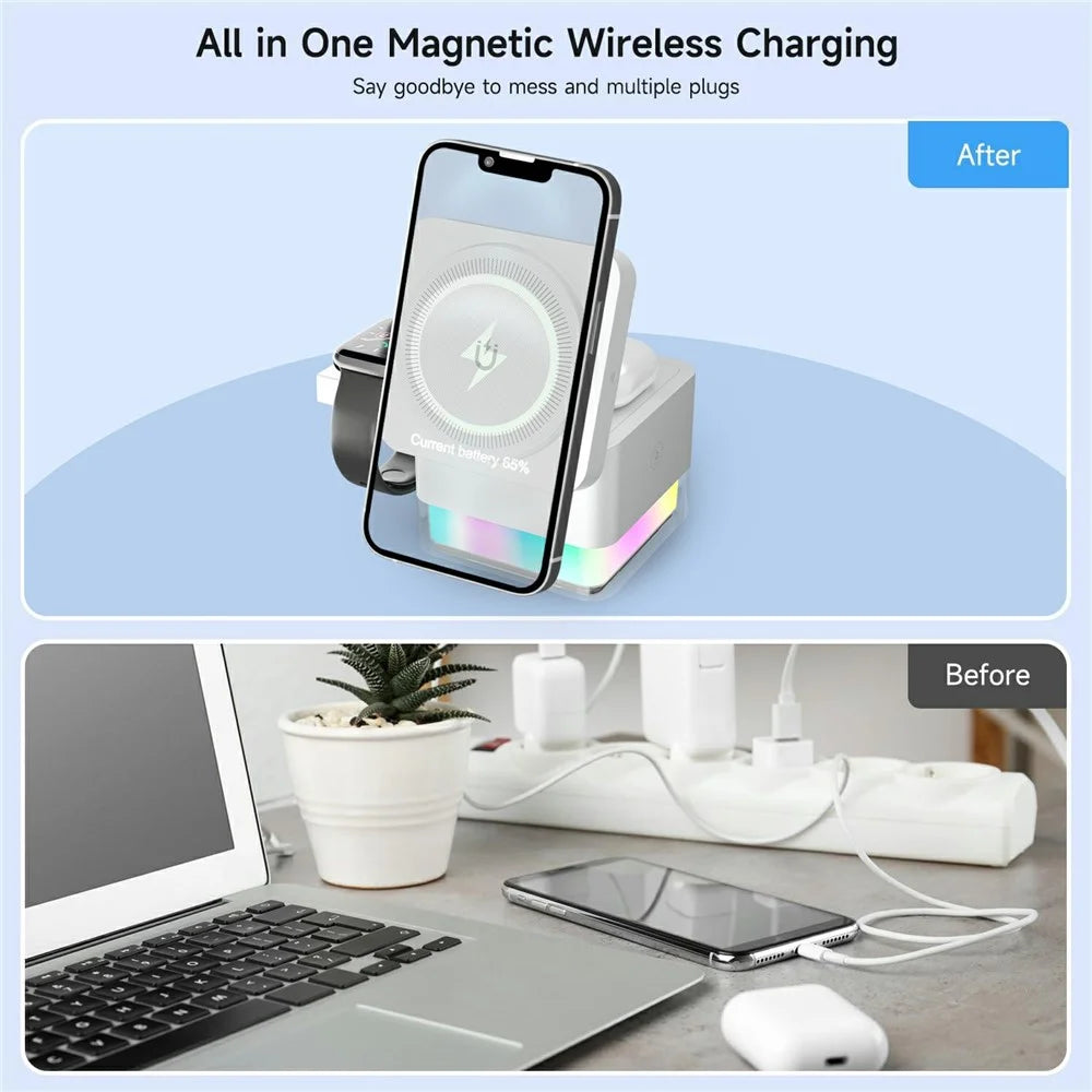 S6 3 in 1 Magnetic Wireless Charging Station Foldable Dock with RGB Light for iPhone Apple Watch AirPods - White - 4