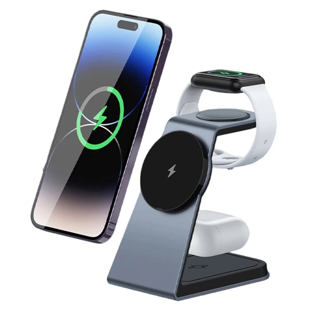 T3 Qi2 15W Magnetic Wireless Charger for iPhone Apple Watch AirPods Desktop Stand - Grey - 1