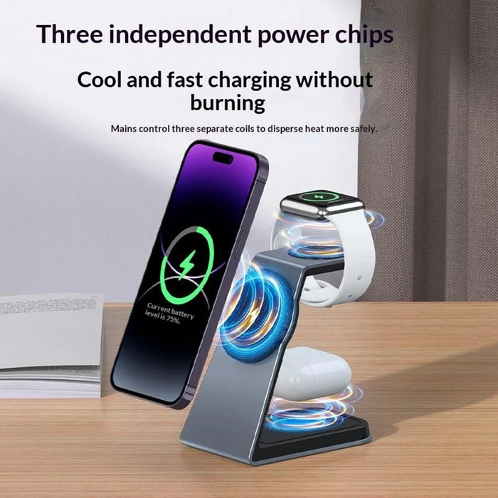 T3 Qi2 15W Magnetic Wireless Charger for iPhone Apple Watch AirPods Desktop Stand - Grey - 3