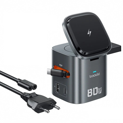 TOOCKI MX-CD15S 80W GaN 6-in-1 Wireless Charging Station Retractable Cable Charging Dock for iPhone MacBook - EU Plug - 1