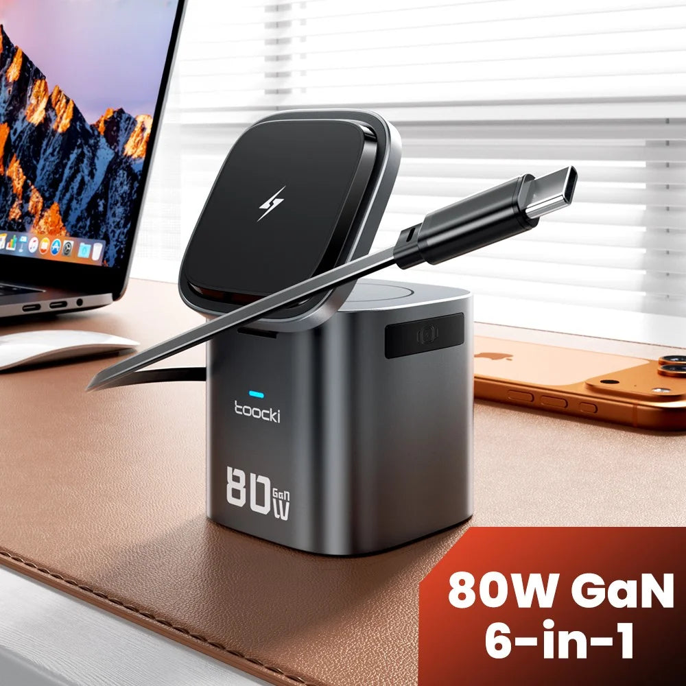 TOOCKI MX-CD15S 80W GaN 6-in-1 Wireless Charging Station Retractable Cable Charging Dock for iPhone MacBook - EU Plug - 4