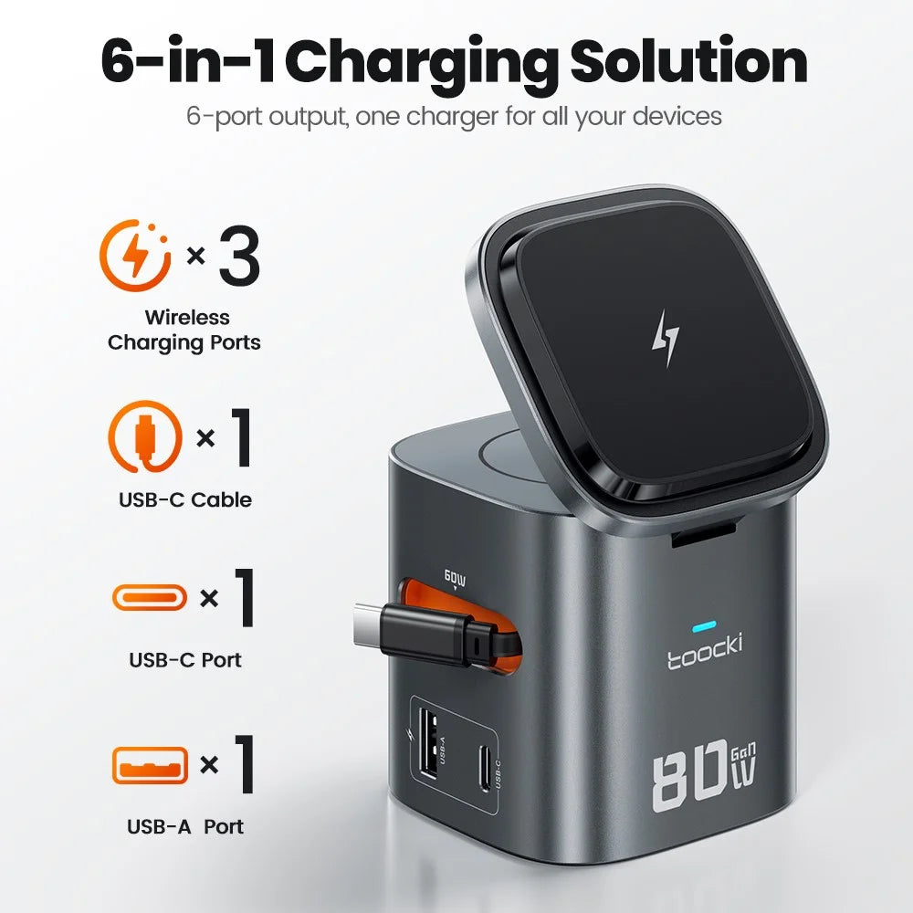 TOOCKI MX-CD15S 80W GaN 6-in-1 Wireless Charging Station Retractable Cable Charging Dock for iPhone MacBook - EU Plug - 5