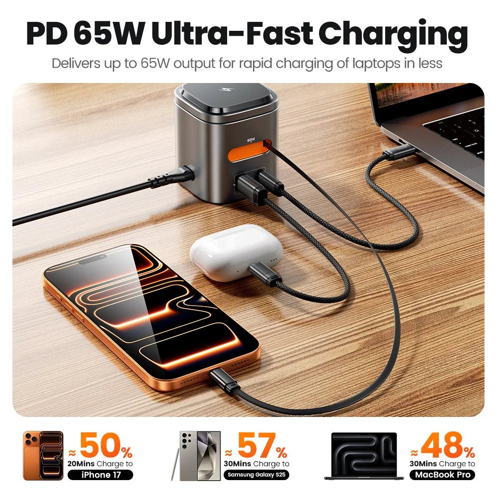 TOOCKI MX-CD15S 80W GaN 6-in-1 Wireless Charging Station Retractable Cable Charging Dock for iPhone MacBook - EU Plug - 6