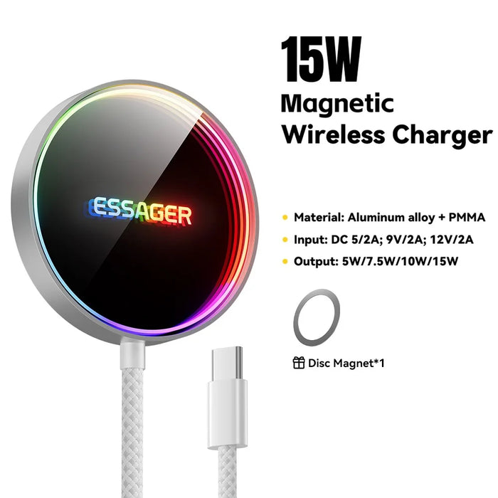 ESSAGER 15W Magnetic Wireless Charger with Dynamic RGB Light Portable Charging Pad - Silver - 3
