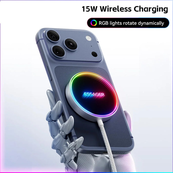 ESSAGER 15W Magnetic Wireless Charger with Dynamic RGB Light Portable Charging Pad - Silver - 4