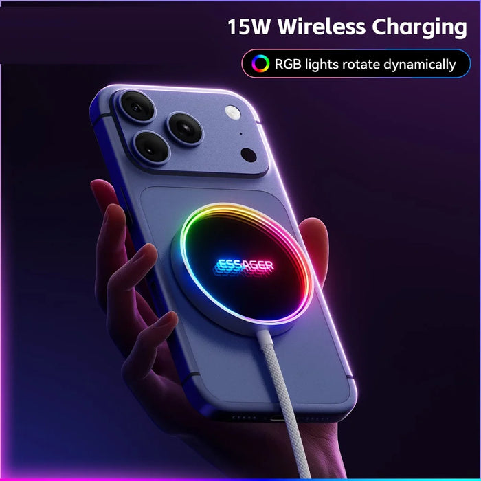 ESSAGER 15W Magnetic Wireless Charger with Dynamic RGB Light Portable Charging Pad - Silver - 5