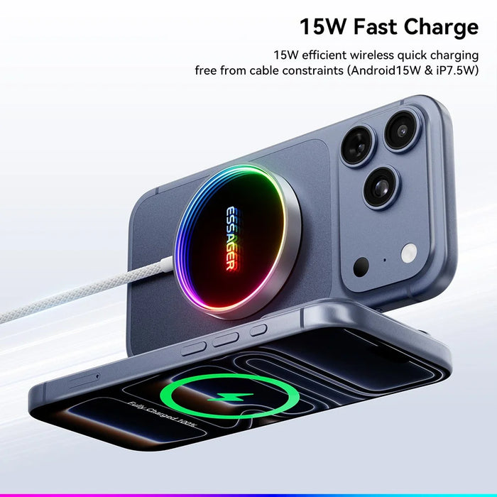 ESSAGER 15W Magnetic Wireless Charger with Dynamic RGB Light Portable Charging Pad - Silver - 6