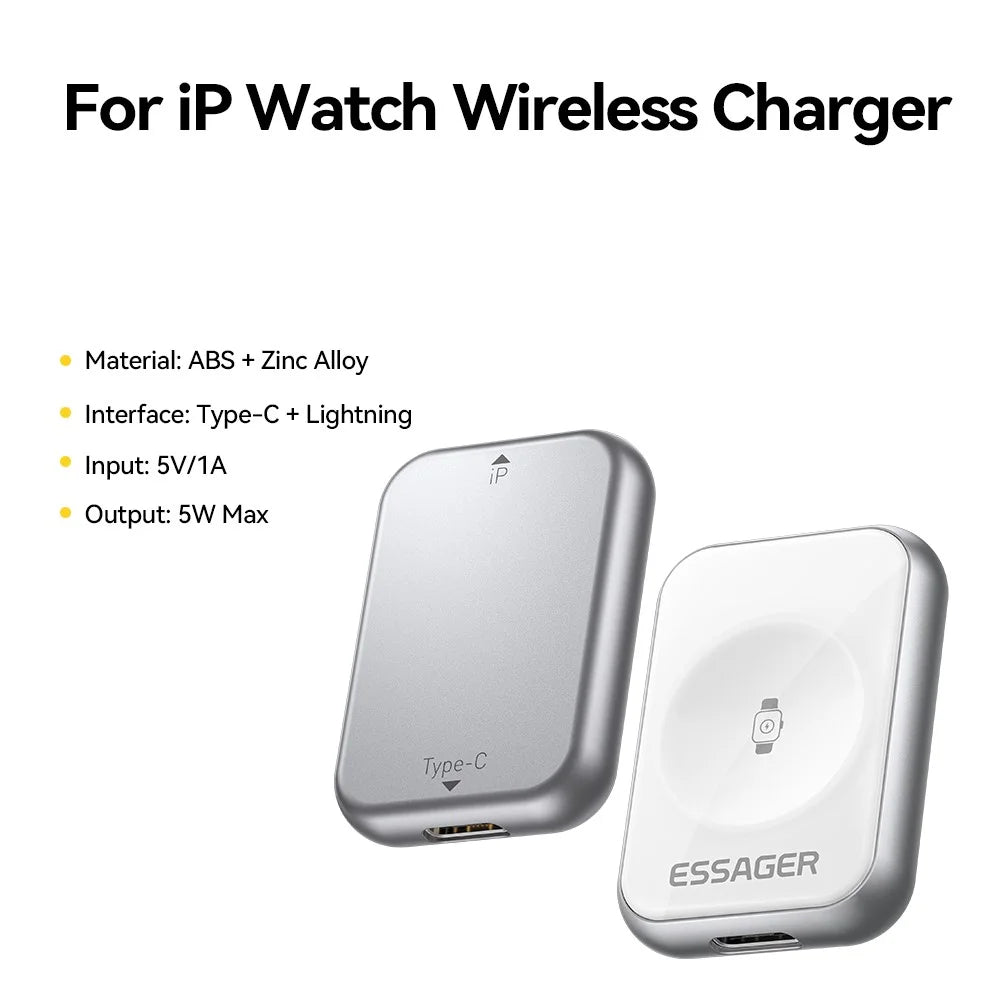 ESSAGER 5W Wireless Charger for Apple Watch Zinc Alloy Type-C + iP Dual Interface Portable Magnetic Charger - Silver - 2