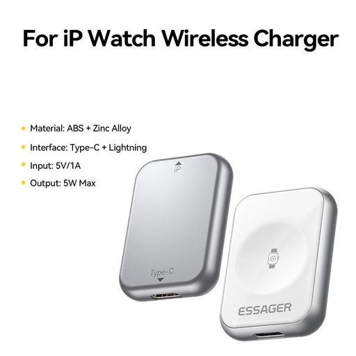 ESSAGER 5W Wireless Charger for Apple Watch Zinc Alloy Type-C + iP Dual Interface Portable Magnetic Charger - Silver - 2