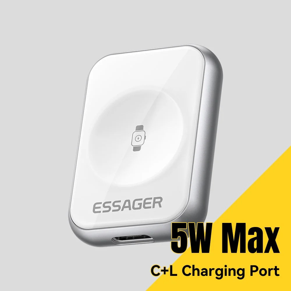 ESSAGER 5W Wireless Charger for Apple Watch Zinc Alloy Type-C + iP Dual Interface Portable Magnetic Charger - Silver - 3