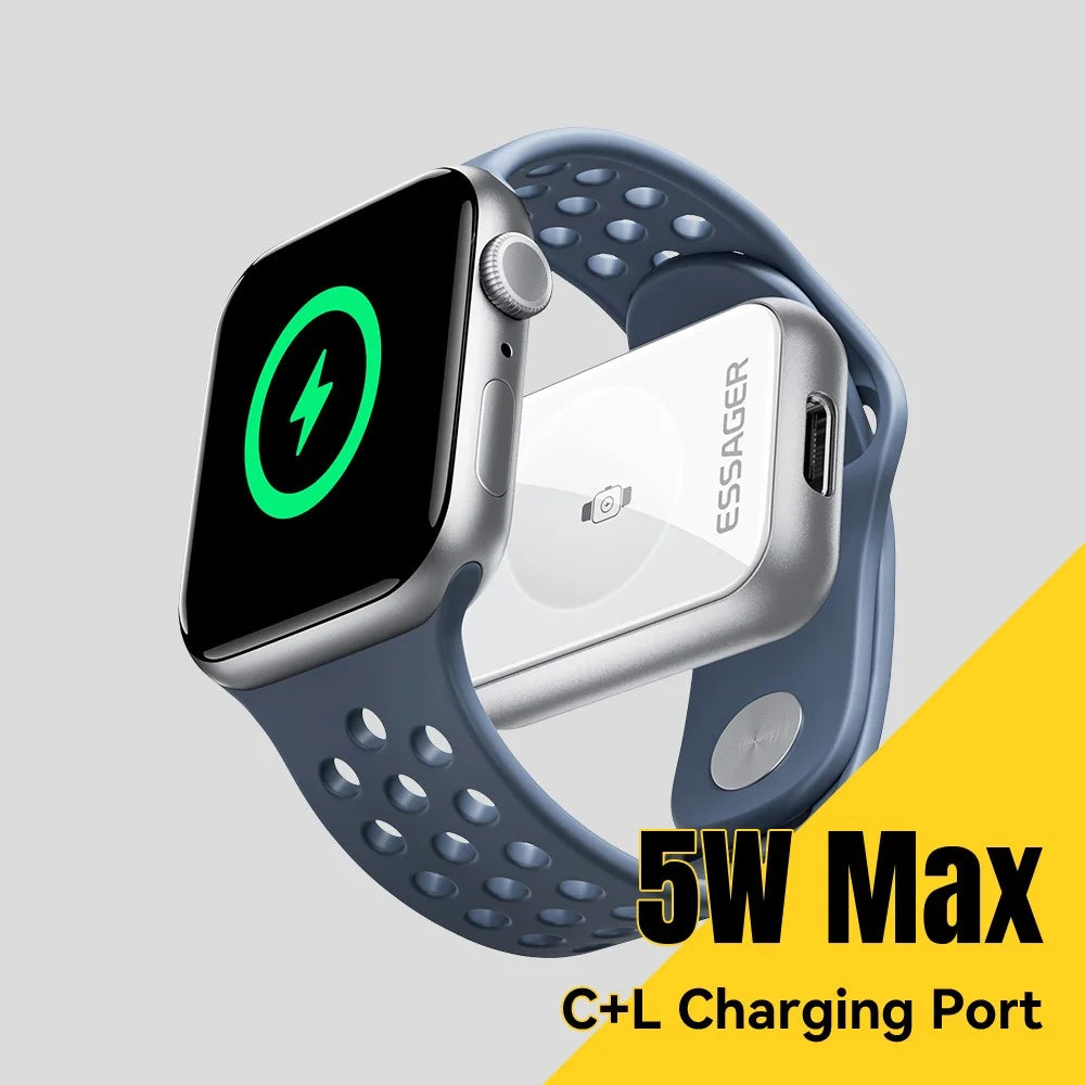 ESSAGER 5W Wireless Charger for Apple Watch Zinc Alloy Type-C + iP Dual Interface Portable Magnetic Charger - Silver - 4