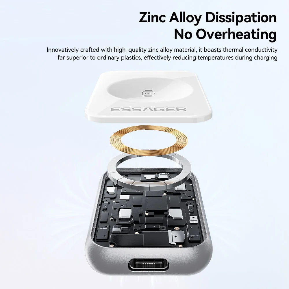 ESSAGER 5W Wireless Charger for Apple Watch Zinc Alloy Type-C + iP Dual Interface Portable Magnetic Charger - Silver - 6