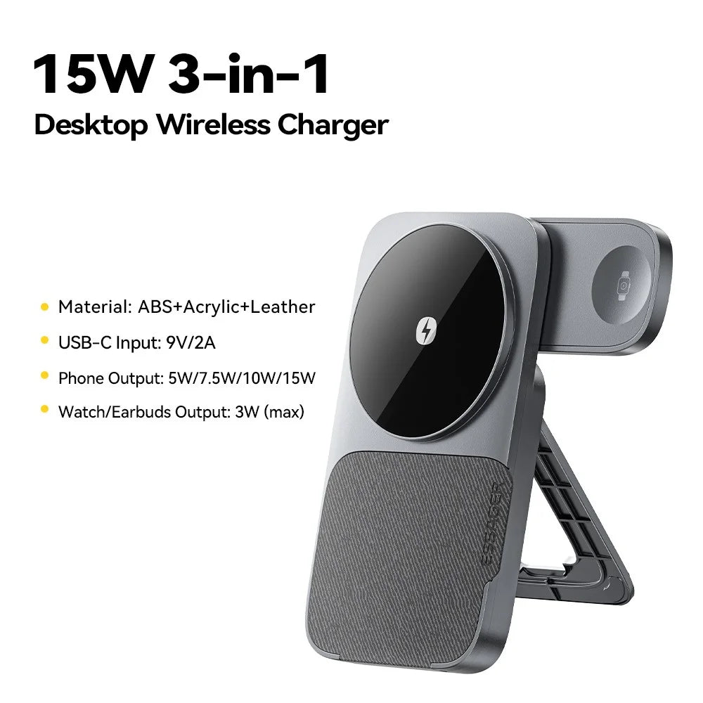 ESSAGER 3 in 1 Foldable Wireless Charger for Phone / Watch / Earbuds 15W Fast Charging Stand - Grey - 4