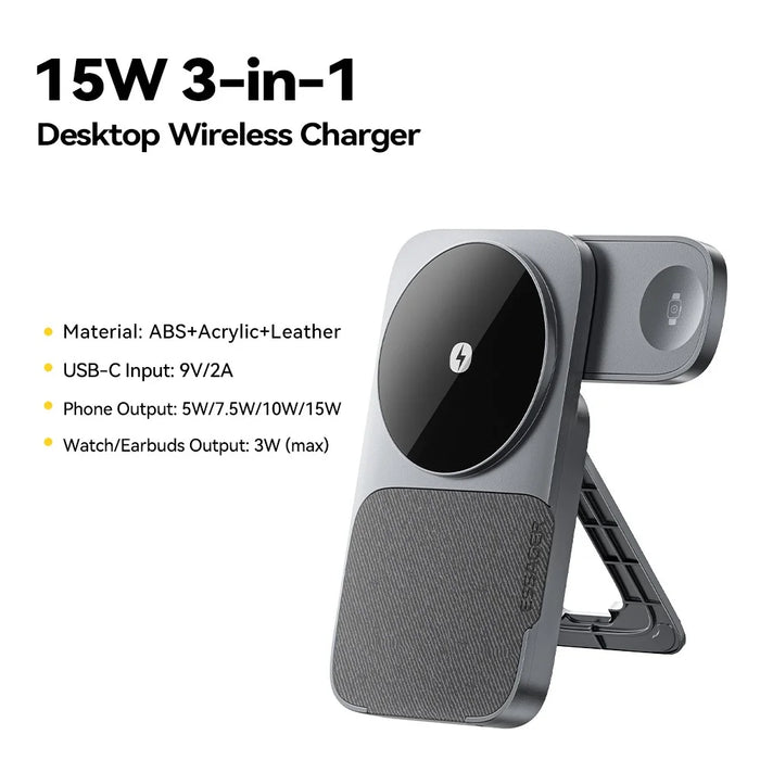 ESSAGER 3 in 1 Foldable Wireless Charger for Phone / Watch / Earbuds 15W Fast Charging Stand - Grey - 4